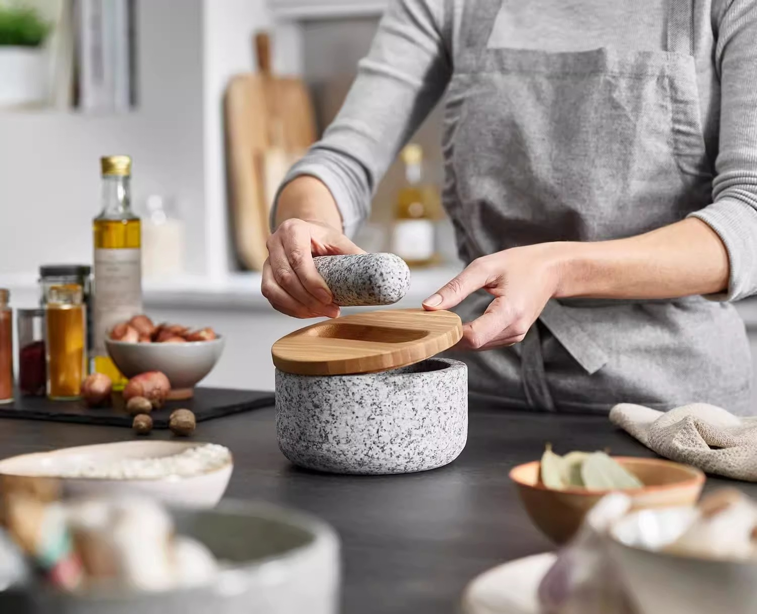 Bamboo cover granite pestle, s - Mortar Pestle Granite 评论和价格