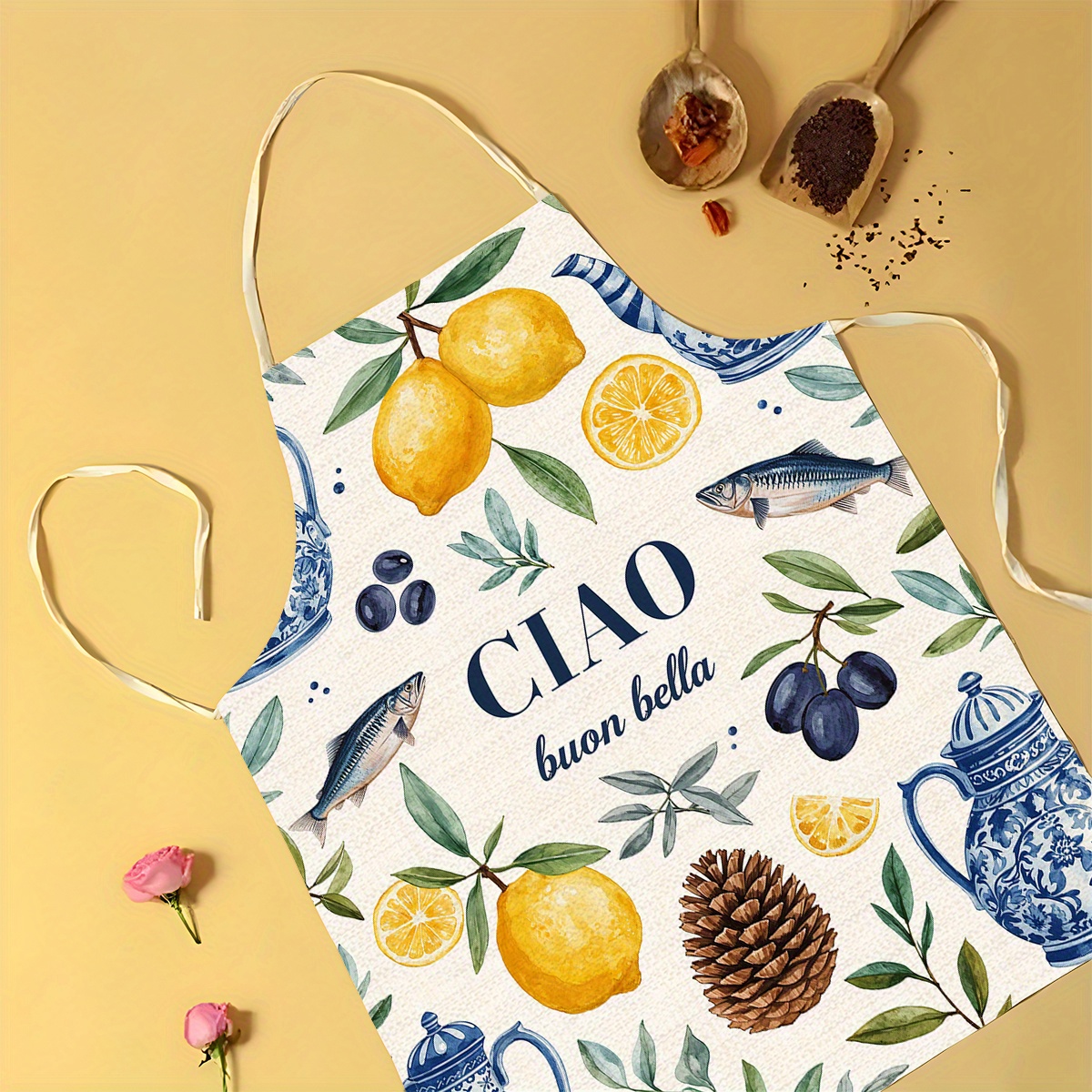 1pc 2D Flat Linen Apron Ciao B - Home Cooking In Italian 评论和价格