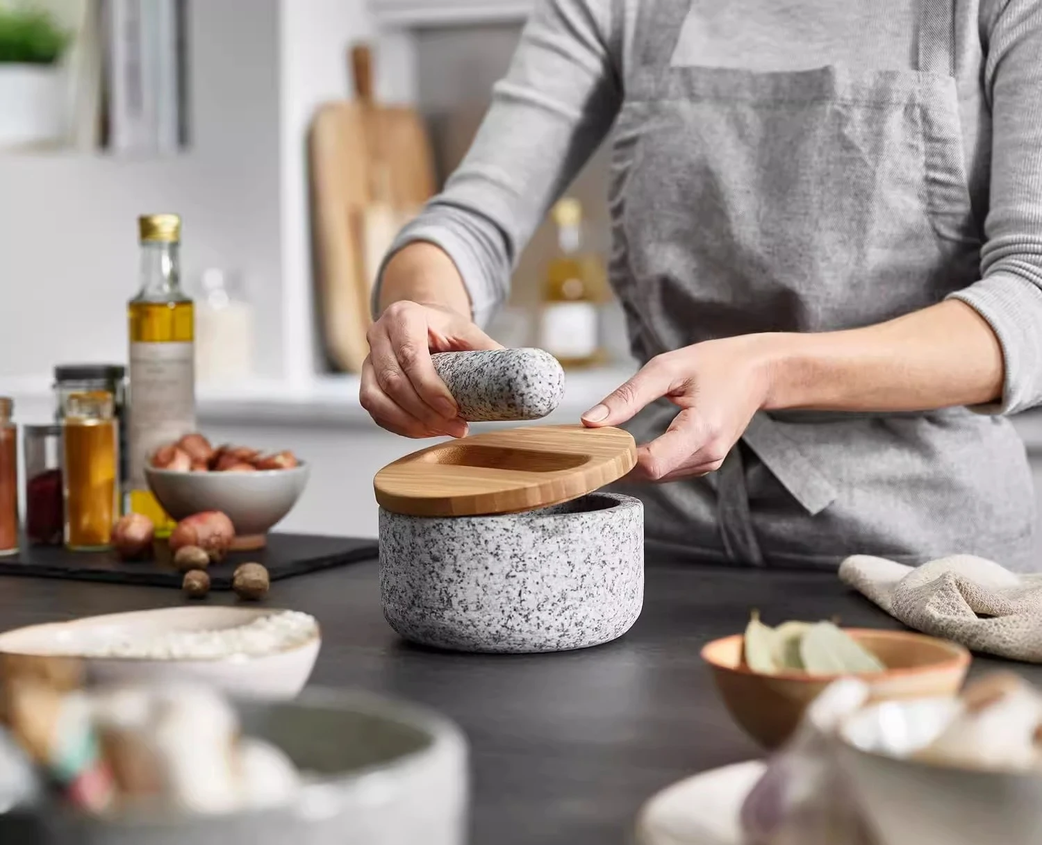 Bamboo cover granite pestle, s - Mortar Pestle Granite 评论和价格