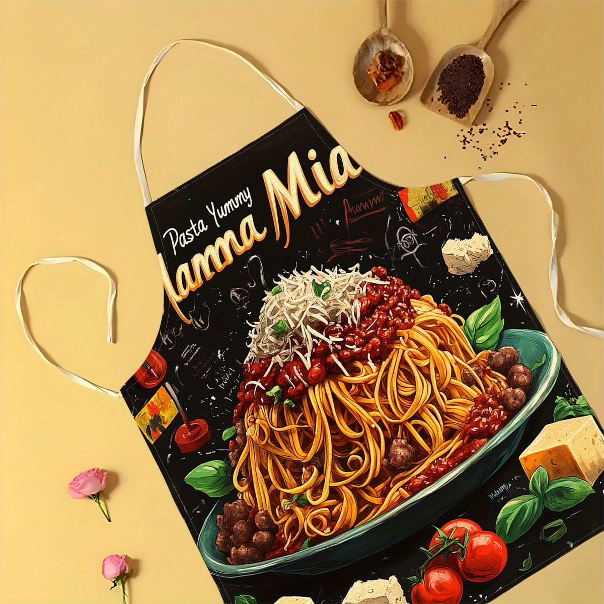 1pc Linen Apron, Pasta-Themed  - Home Cooking In Italian 评论和价格