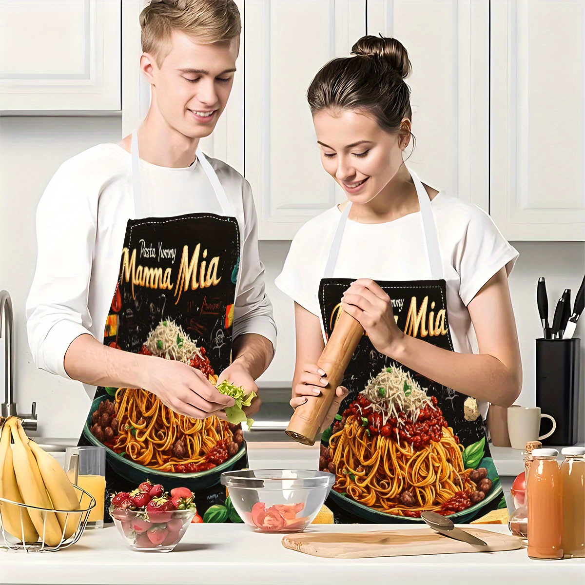 1pc Linen Apron, Pasta-Themed  - Home Cooking In Italian 评论和价格